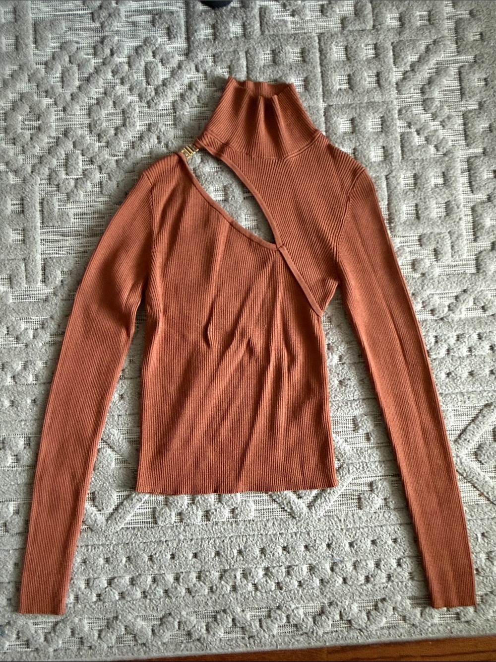 Asymmetrical Cutout Ribbed Long-Sleeve Top — Rust